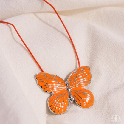 Fluttering Fervor - Orange Enamel Silver Butterfly Tie Necklace - Paparazzi Accessories