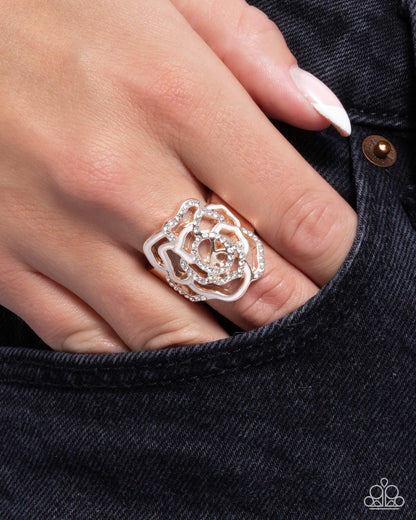 Repetitive Rose - Rose Gold White Rhinestone Flower Ring - Paparazzi Accessories
