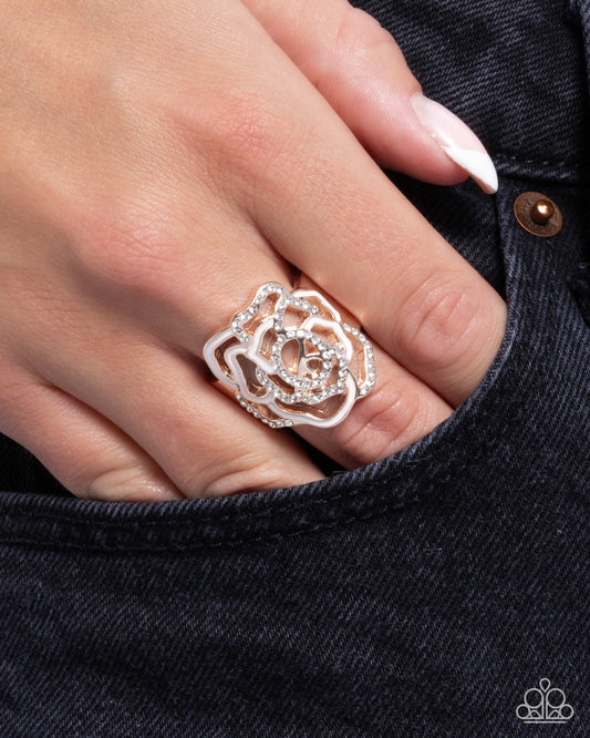 Repetitive Rose - Rose Gold White Rhinestone Flower Ring - Paparazzi Accessories