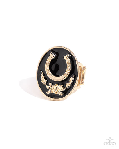 Santa Fe Stallion - Black Enamel Gold Horseshoe Ring - Paparazzi Accessories