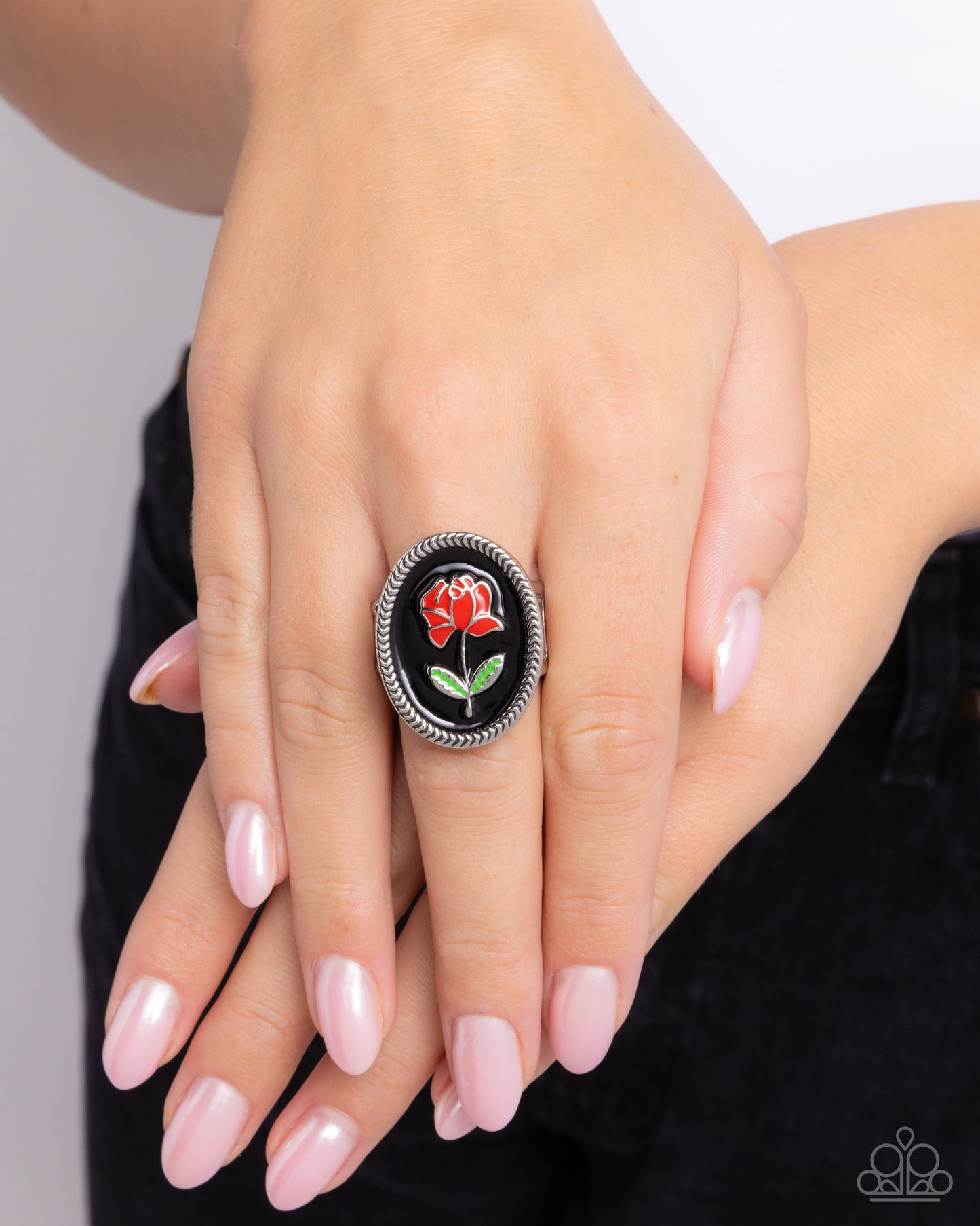 Delicate Dowry - Black & Red Enamel Rose Silver Ring - Paparazzi Accessories