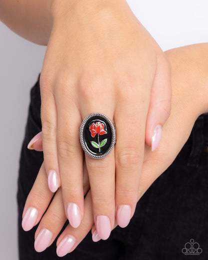 Delicate Dowry - Black & Red Enamel Rose Silver Ring - Paparazzi Accessories
