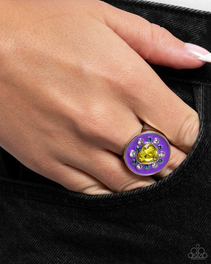 Parlor Painting - Yellow Rhinestone Heart Purple Enamel Silver Ring - Paparazzi Accessories