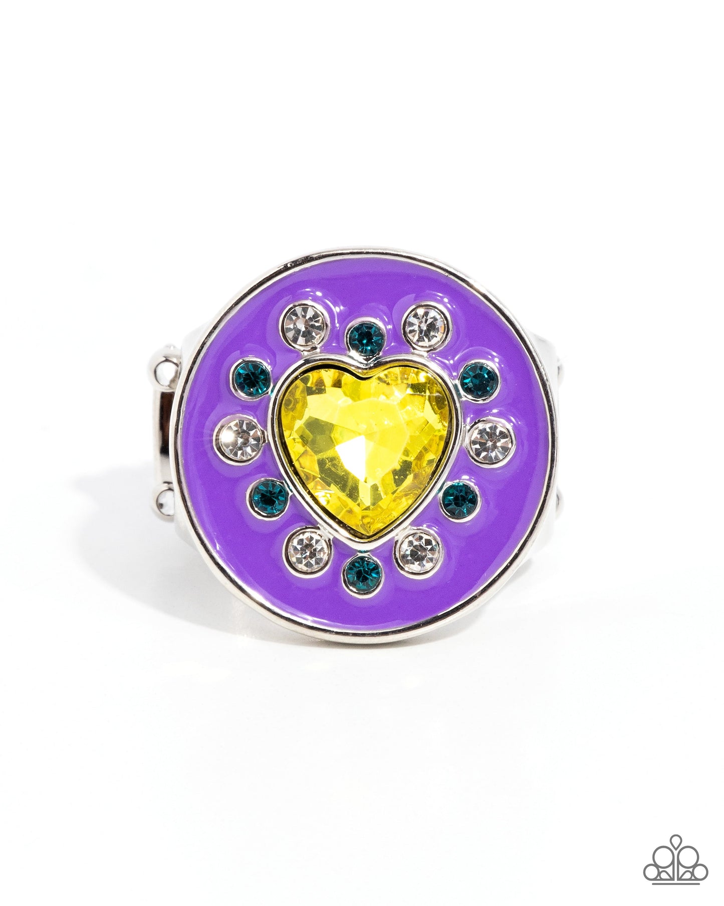 Parlor Painting - Yellow Rhinestone Heart Purple Enamel Silver Ring - Paparazzi Accessories