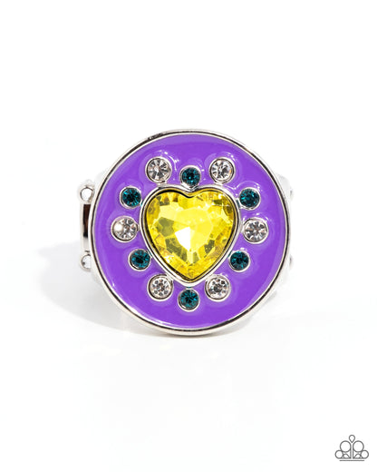 Parlor Painting - Yellow Rhinestone Heart Purple Enamel Silver Ring - Paparazzi Accessories