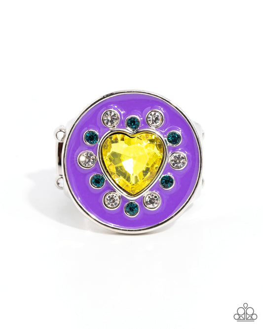 Parlor Painting - Yellow Rhinestone Heart Purple Enamel Silver Ring - Paparazzi Accessories
