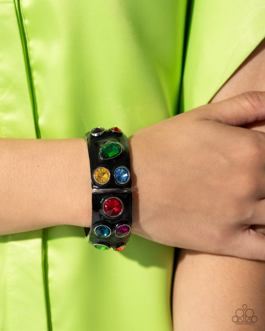 Planned Polka Dots - Multi Rhinestone Black Enamel Silver Hinge Bracelet - Life of the Party Exclusive - Paparazzi Accessories