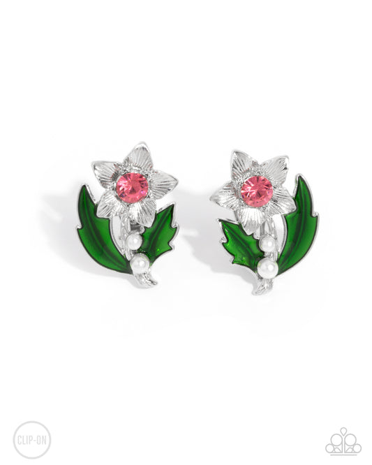 Gardening Guest - Pink Flower Clip-on Earrings - Paparazzi Accessories