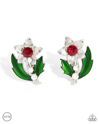 Gardening Guest - Red Rhinestone Silver Clip-on Earrings - Paparazzi Accessories