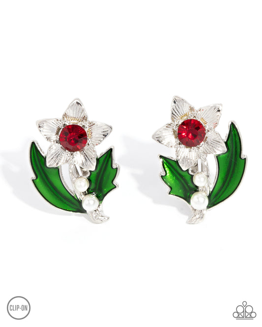 Gardening Guest - Red Rhinestone Silver Clip-on Earrings - Paparazzi Accessories