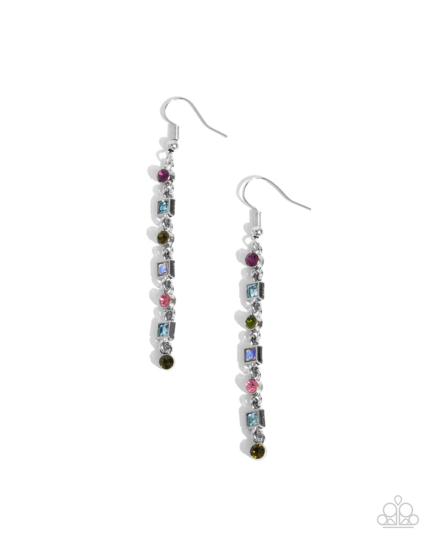 Square Slope - Multi Rhinestone Silver Fishhook Earrings - Paparazzi Accessories