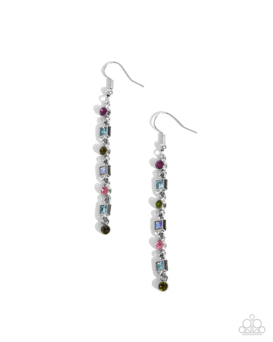 Square Slope - Multi Rhinestone Silver Fishhook Earrings - Paparazzi Accessories