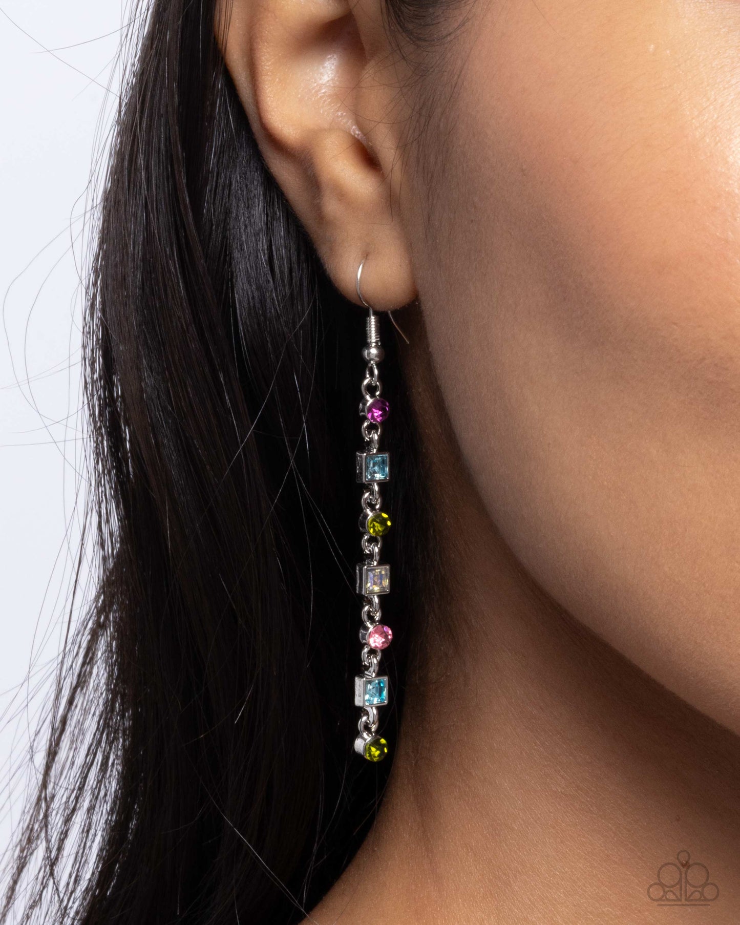 Square Slope - Multi Rhinestone Silver Fishhook Earrings - Paparazzi Accessories