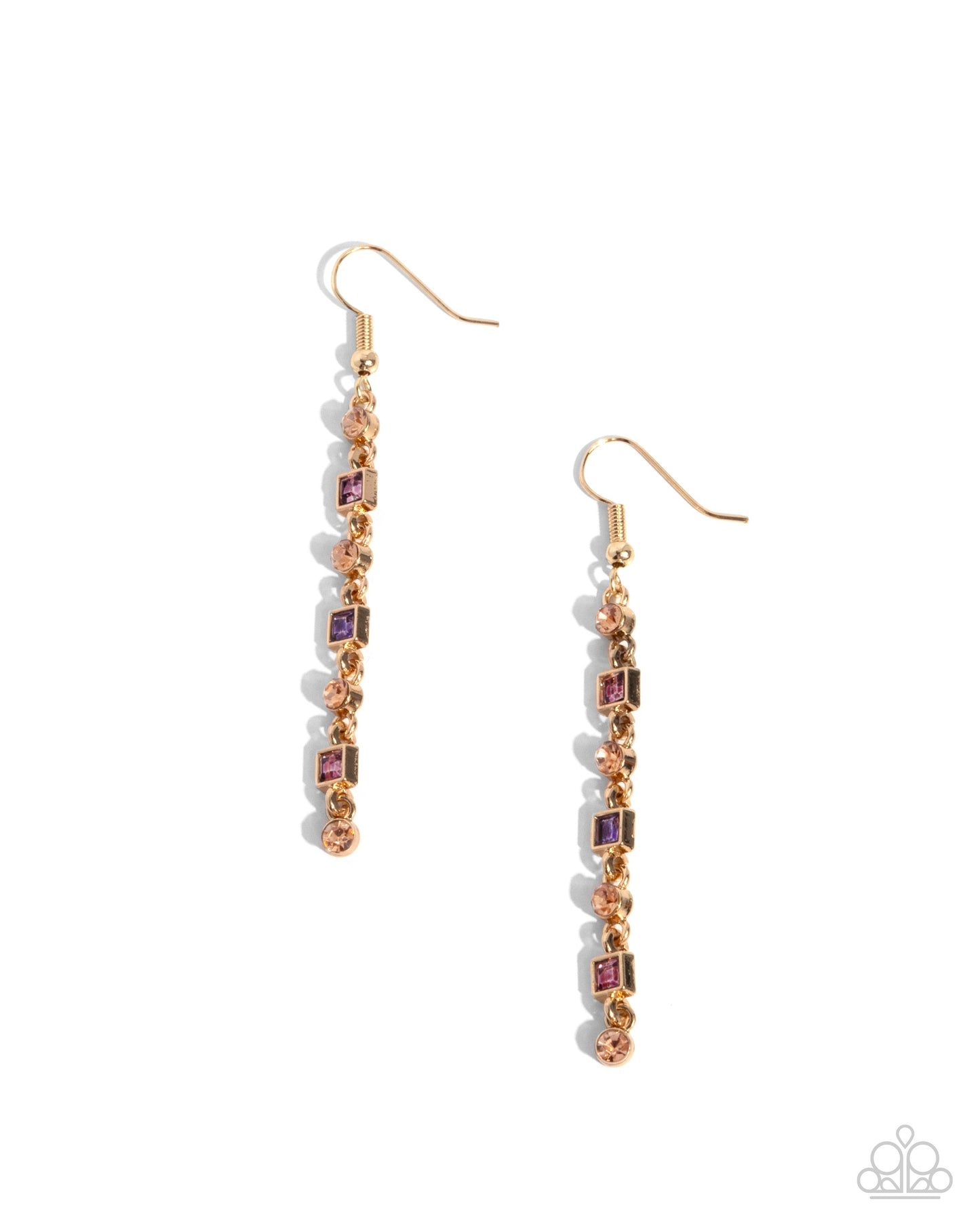 Square Slope - Purple Rhinestone Gold Fishhook Earrings - Paparazzi Accessories