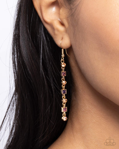 Square Slope - Purple Rhinestone Gold Fishhook Earrings - Paparazzi Accessories