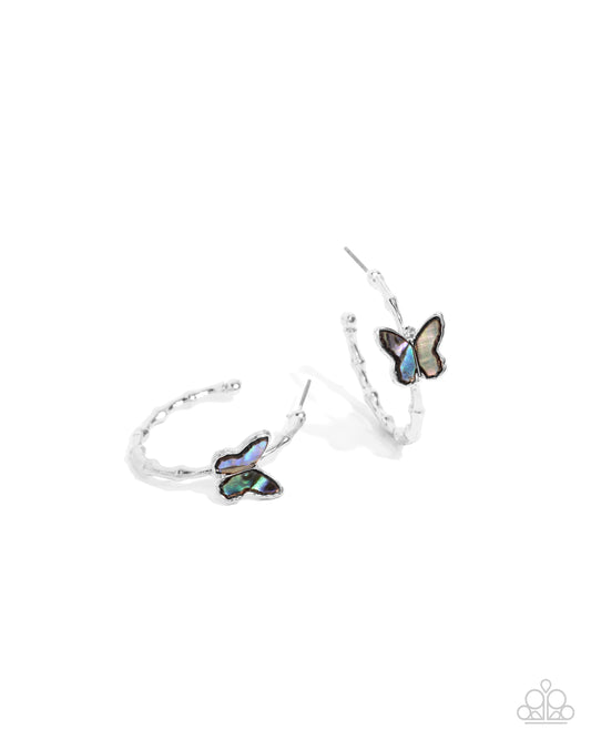 Butterfly Beginning - Blue Faux Abalone Shell Wings Silver Hoop Earrings - Paparazzi Accessories