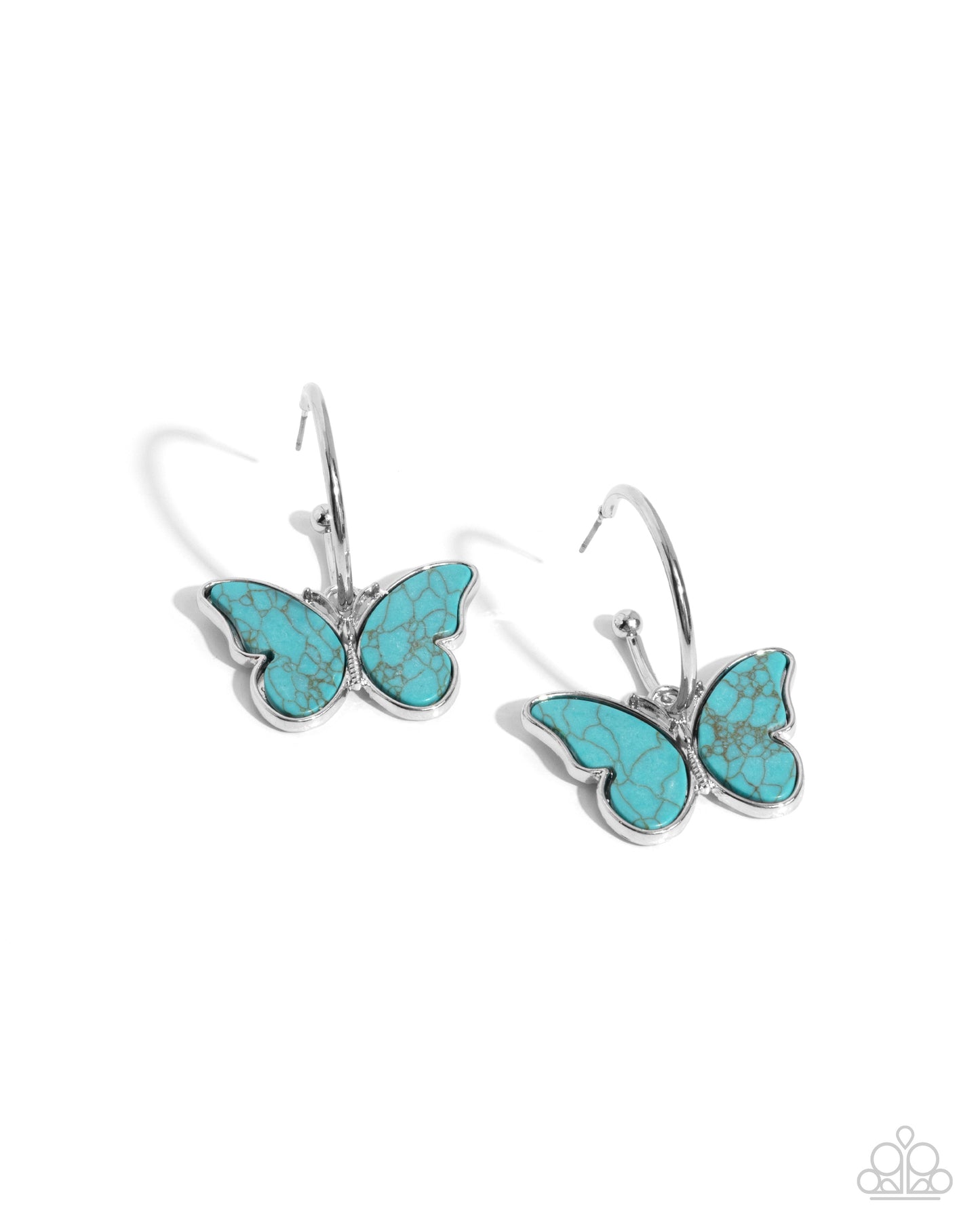 Melodic Mariposa - Blue Crackle Stone Butterfly Silver Drop Hoop Earrings - Paparazzi Accessories