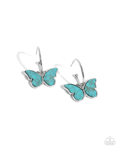 Melodic Mariposa - Blue Crackle Stone Butterfly Silver Drop Hoop Earrings - Paparazzi Accessories
