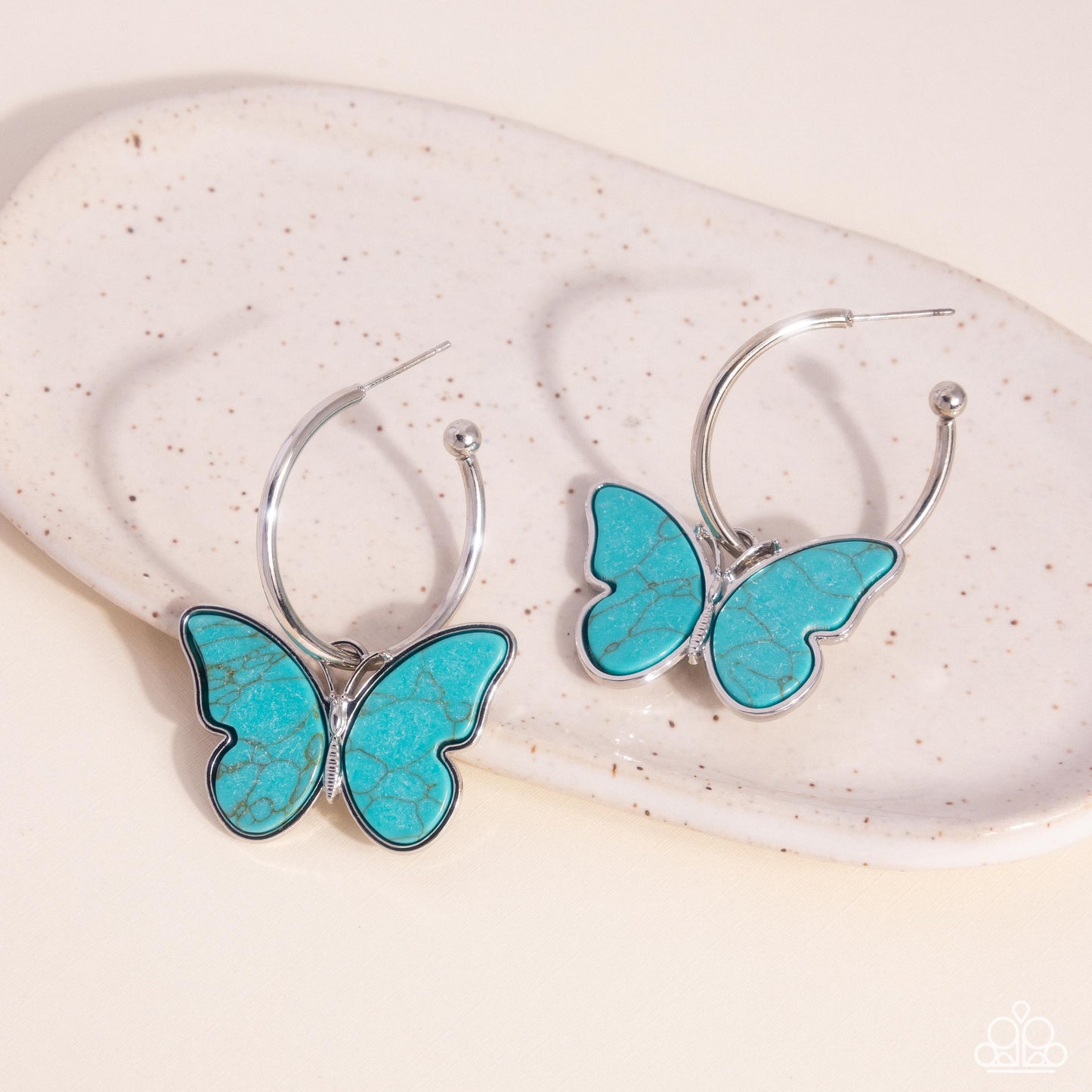Melodic Mariposa - Blue Crackle Stone Butterfly Silver Drop Hoop Earrings - Paparazzi Accessories