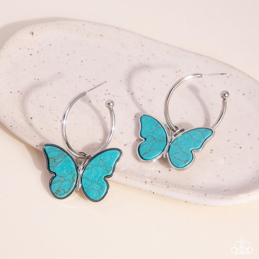Melodic Mariposa - Blue Crackle Stone Butterfly Silver Drop Hoop Earrings - Paparazzi Accessories