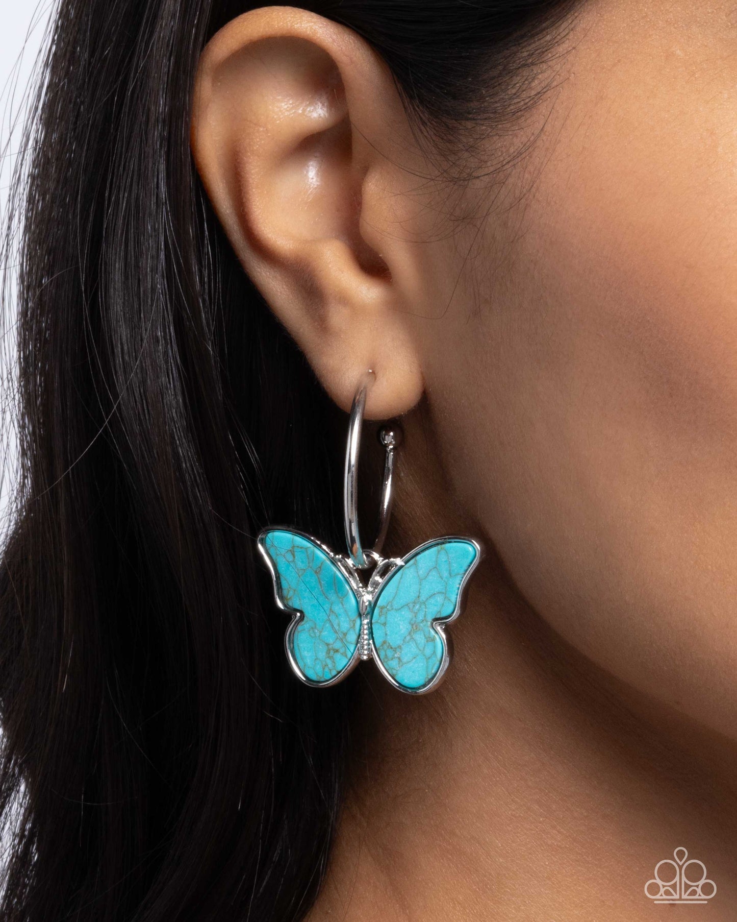 Melodic Mariposa - Blue Crackle Stone Butterfly Silver Drop Hoop Earrings - Paparazzi Accessories