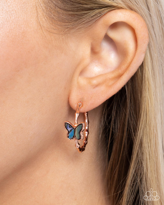 Butterfly Beginning - Copper, Abalone Shell Butterfly Hoop Earrings - Paparazzi Accessories
