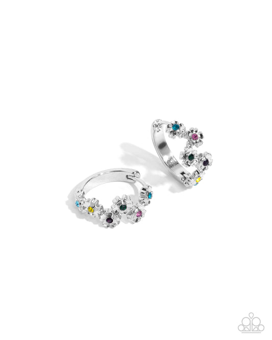 Budding Botanicals - Multi Rhinestone Silver Flower Hinge Hoop Earrings - Paparazzi Accessories
