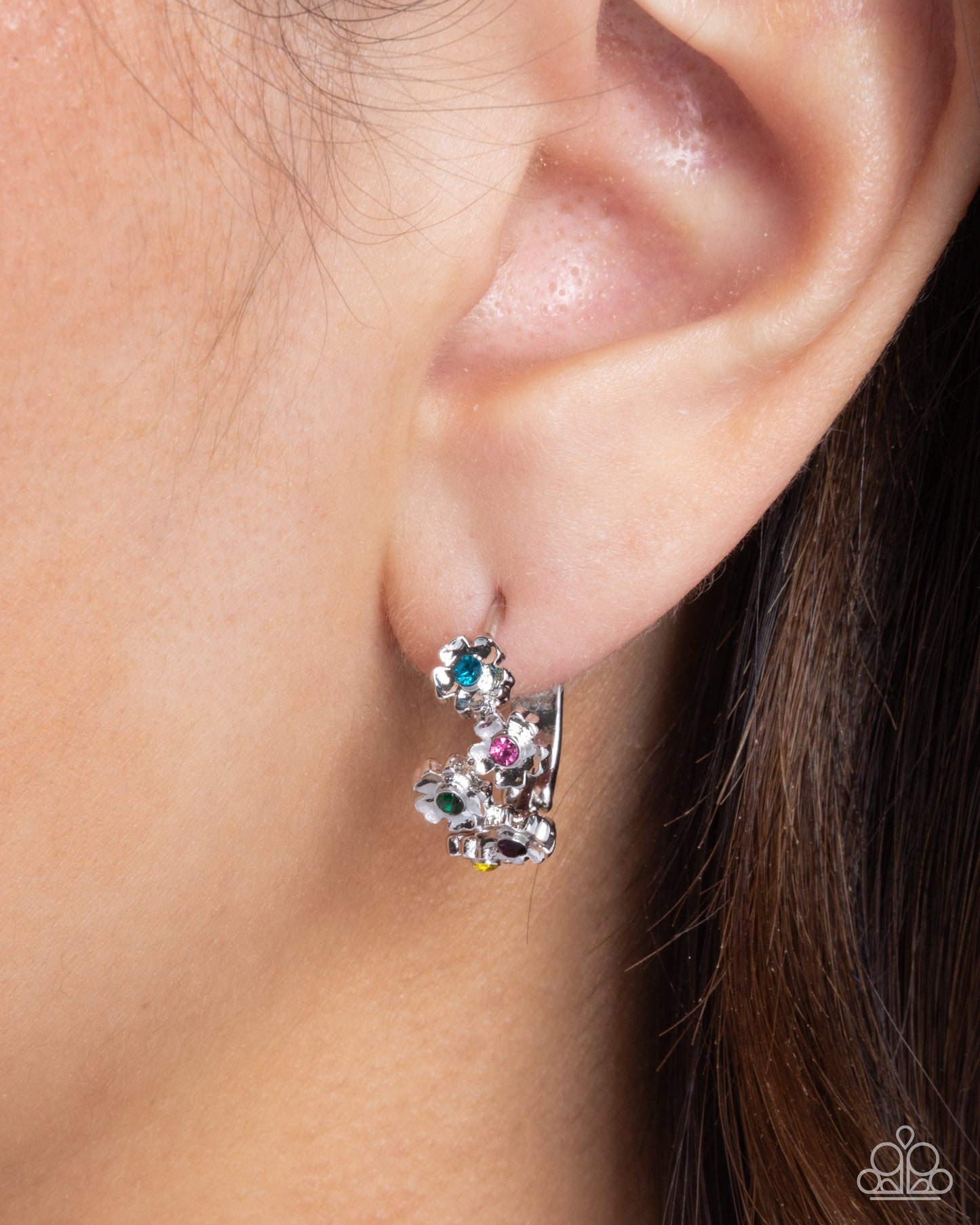Budding Botanicals - Multi Rhinestone Silver Flower Hinge Hoop Earrings - Paparazzi Accessories