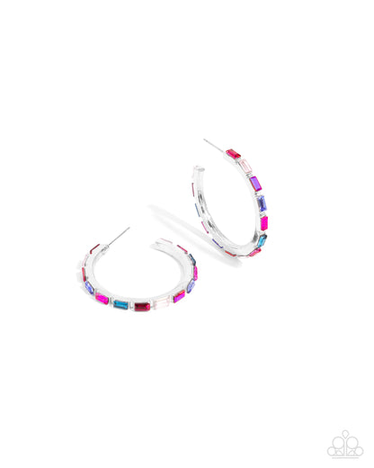 Carnival Chic - Pink Emerald Cut Gem Silver Hoop Earrings - Paparazzi Accessories