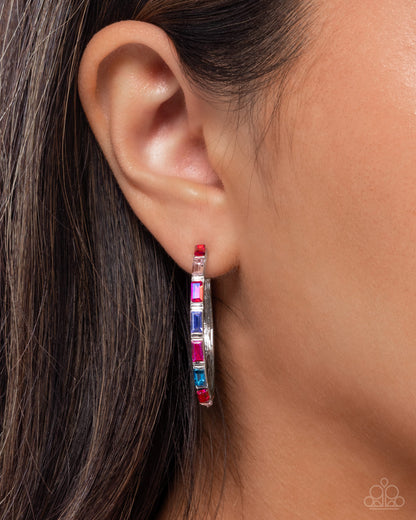 Carnival Chic - Pink Emerald Cut Gem Silver Hoop Earrings - Paparazzi Accessories