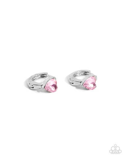 Tenuous Touch - Pink Gem Heart Silver Mini Hinge Hoop Earrings - Paparazzi Accessories