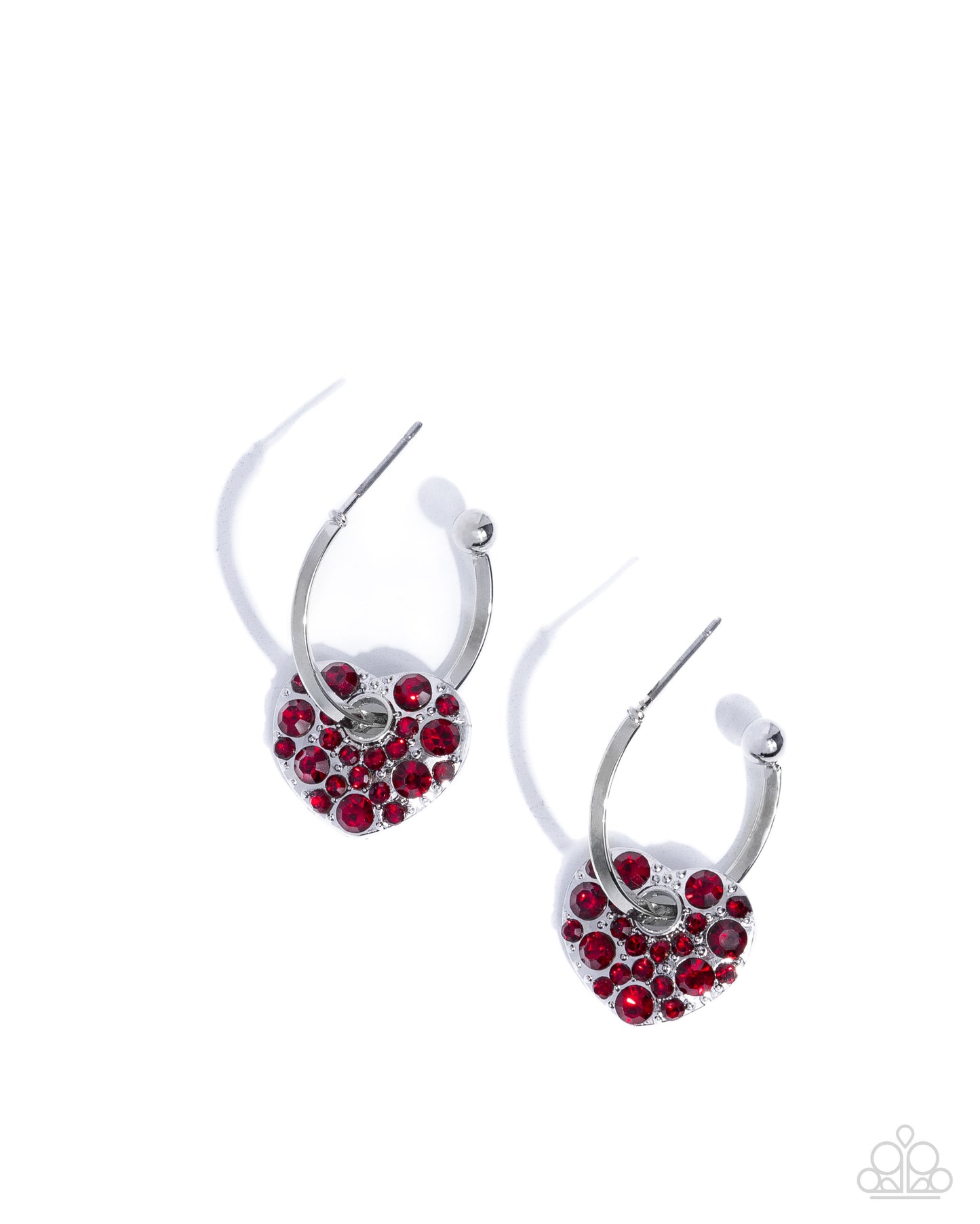Valentines Valor - Red Rhinestone Heart Silver Drop Hoop Earrings - Paparazzi Accessories