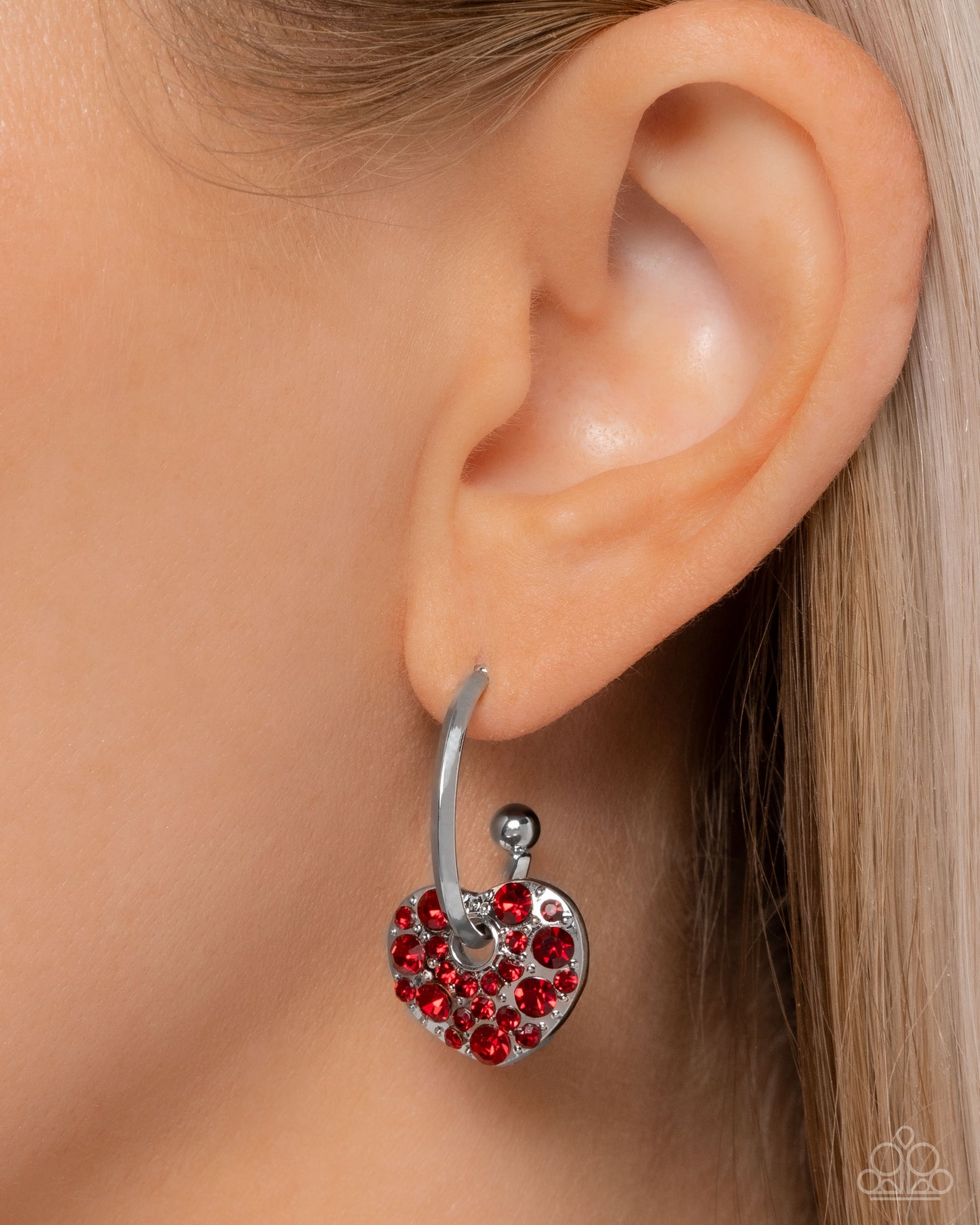 Valentines Valor - Red Rhinestone Heart Silver Drop Hoop Earrings - Paparazzi Accessories