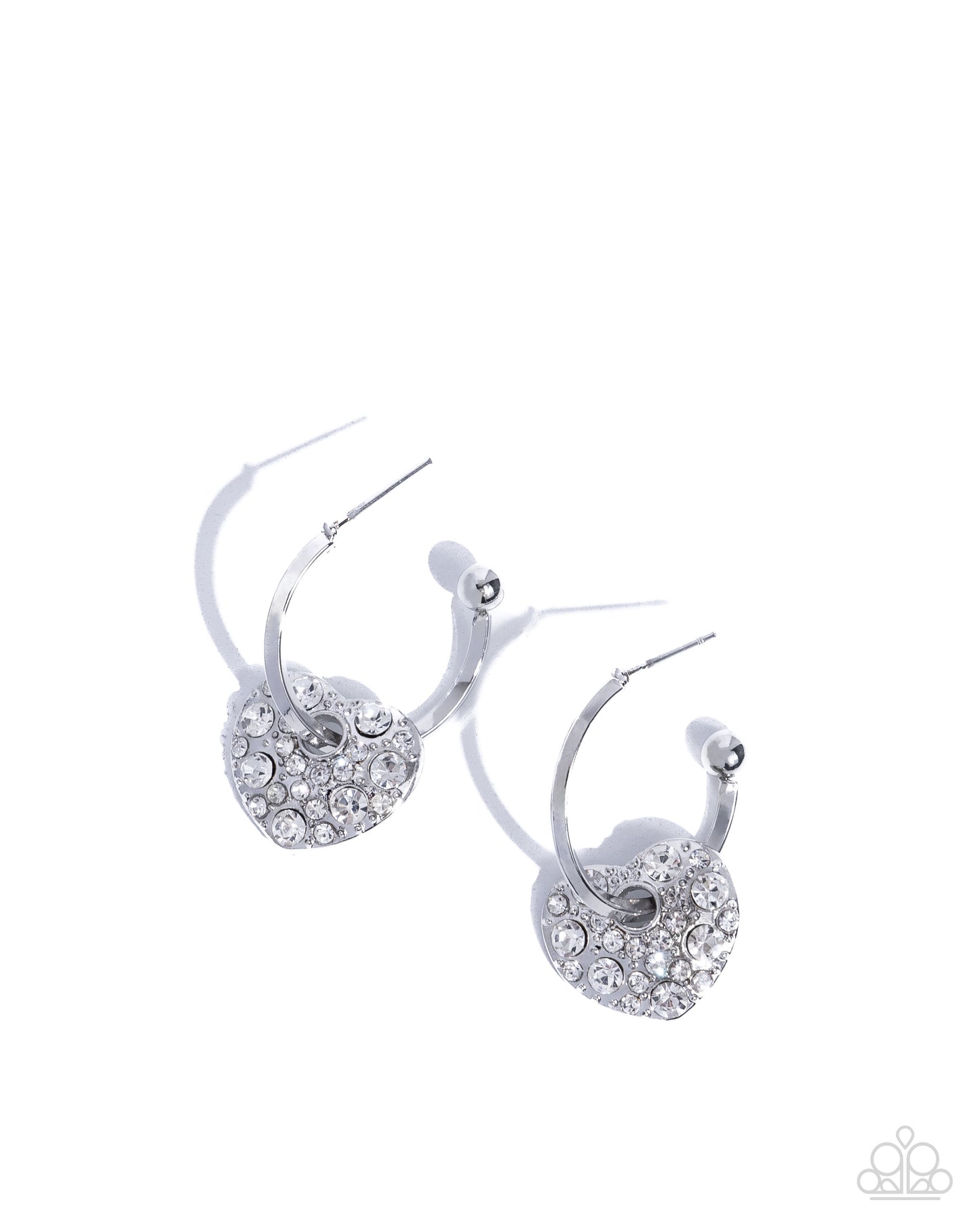 Valentines Valor - White Rhinestone Heart Silver Drop Hoop Earrings
