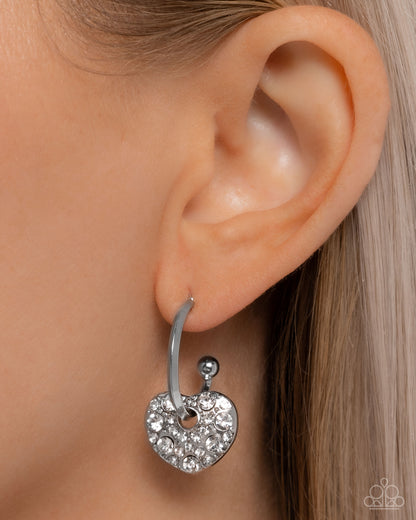 Valentines Valor - White Rhinestone Heart Silver Drop Hoop Earrings