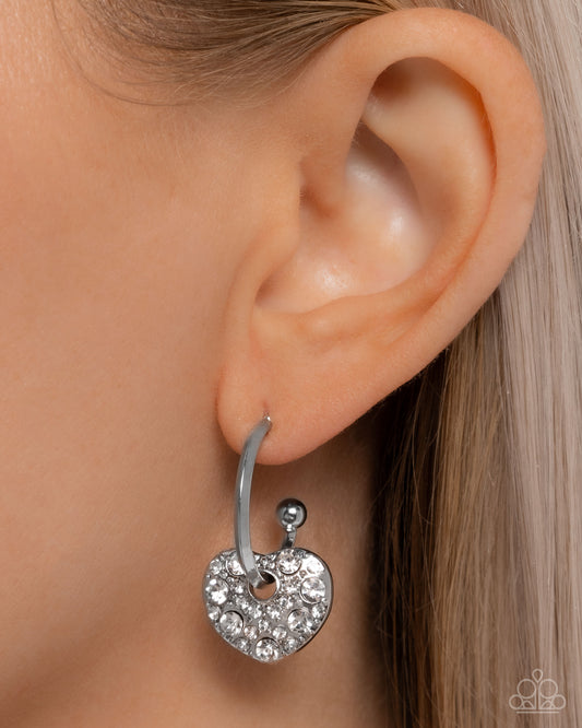 Valentines Valor - White Rhinestone Heart Silver Drop Hoop Earrings