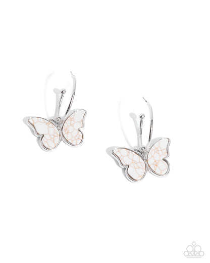 Melodic Mariposa - White Crackle Stone Butterfly Silver Drop Hoop Earrings - Paparazzi Accessories