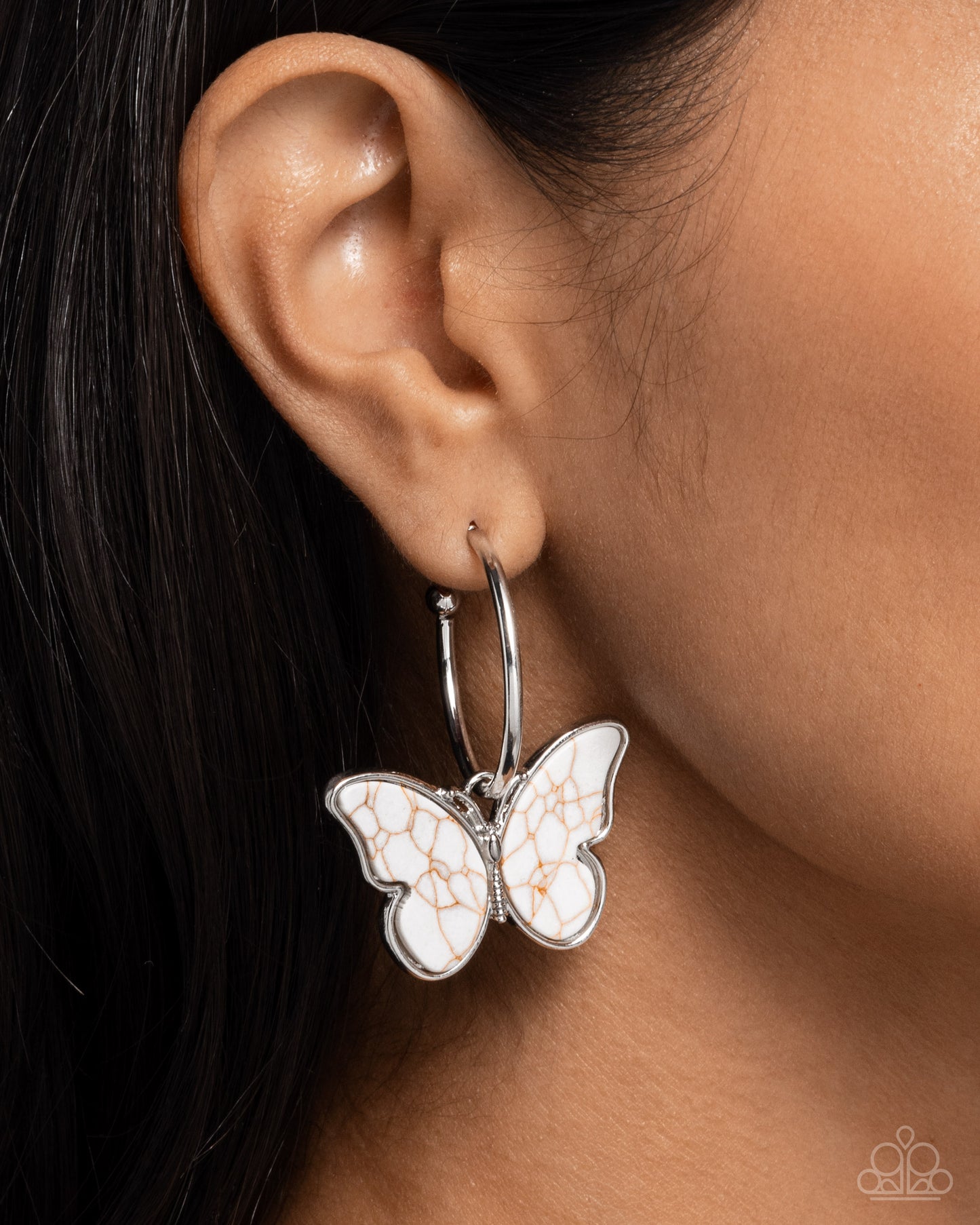 Melodic Mariposa - White Crackle Stone Butterfly Silver Drop Hoop Earrings - Paparazzi Accessories