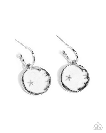 South Star - White Enamel Silver Star Drop Hoop Earrings - Paparazzi Accessories