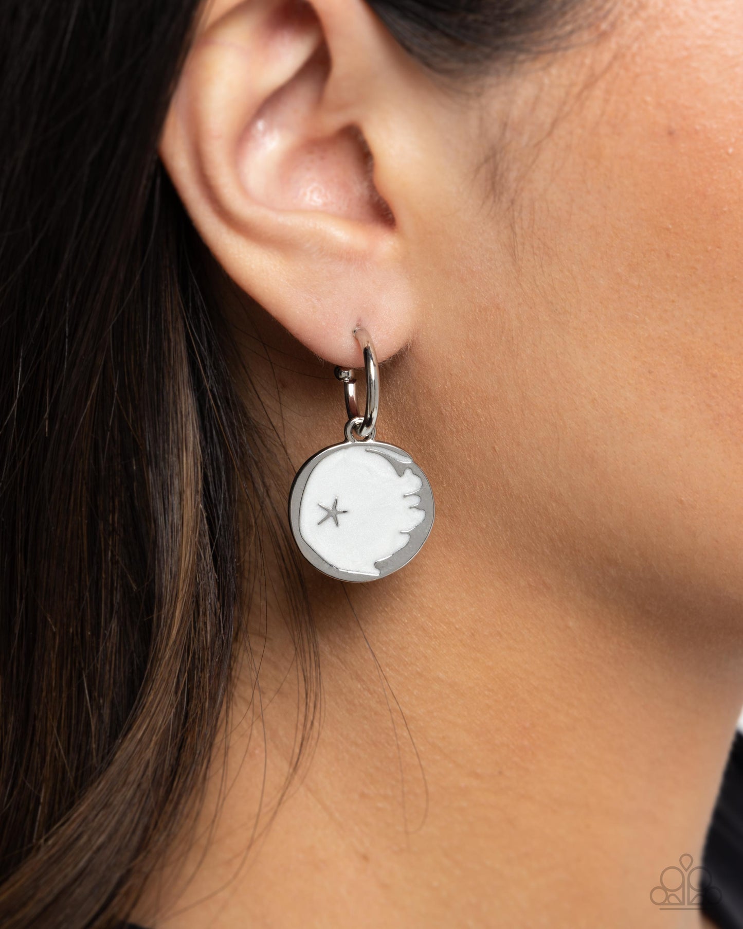 South Star - White Enamel Silver Star Drop Hoop Earrings - Paparazzi Accessories