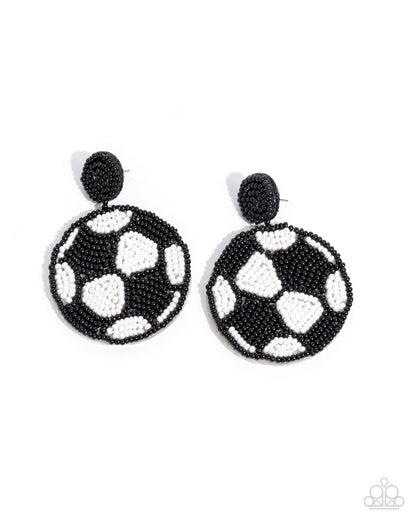 Grand Goalkeeper - Black & White Seed Bead Soccer Ball Post Earrings - Paparazzi Accessories