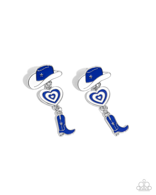 Swing Dance Delight - Blue & White Enamel Cowboy Post Earrings - Paparazzi Accessories