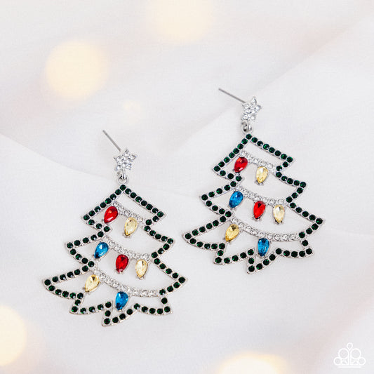 O Tannenbaum - Multi Rhinestone Christmas Tree Silver Post Earrings - Paparazzi Accessories