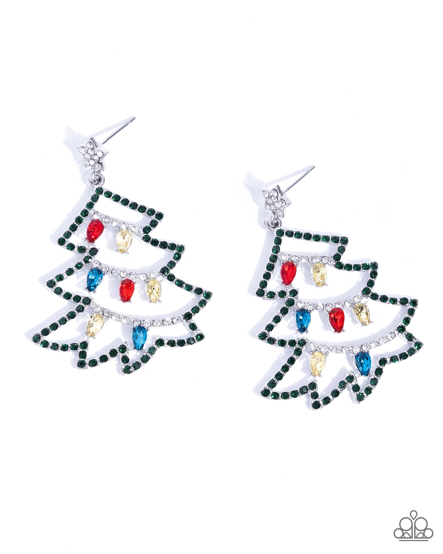 O Tannenbaum - Multi Rhinestone Christmas Tree Silver Post Earrings - Paparazzi Accessories