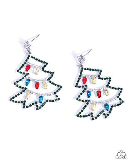 O Tannenbaum - Multi Rhinestone Christmas Tree Silver Post Earrings - Paparazzi Accessories
