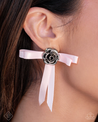 Coquettish Candidate - Pink Bow Silver Rose Post Earrings - Paparazzi Accessories