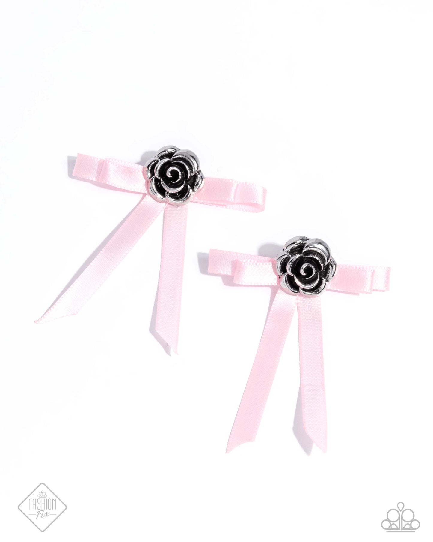Coquettish Candidate - Pink Bow Silver Rose Post Earrings - Paparazzi Accessories