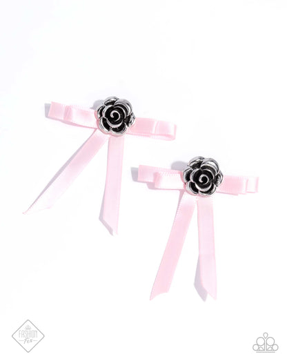 Coquettish Candidate - Pink Bow Silver Rose Post Earrings - Paparazzi Accessories