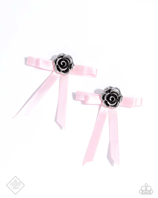 Coquettish Candidate - Pink Bow Silver Rose Post Earrings - Paparazzi Accessories