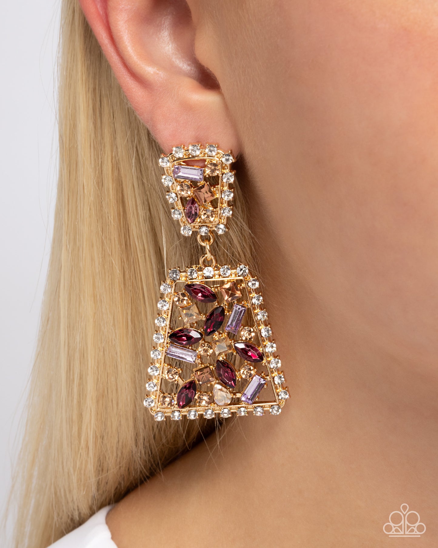 Glistening Gala - Purple & Peach Rhinestone Gold Post Earrings - Paparazzi Accessories
